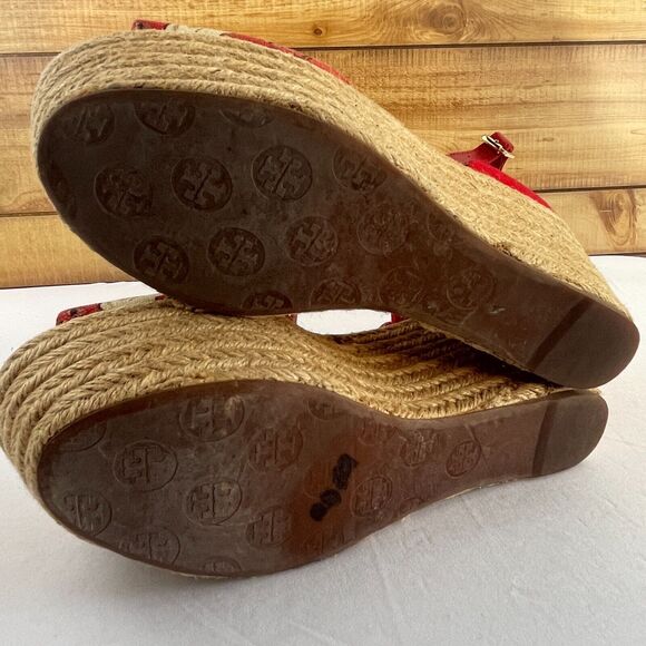 Tory Burch Sherri 9 M Leather Espadrille Wedge Platform Heel Peep Toe Red Floral - Picture 8 of 8